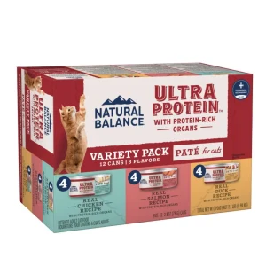 Natural Balance Ultra Protein Pate Canned Cat Food, Variety Pack (Chicken, Salmon, Duck), 2.8 oz, Case of 12