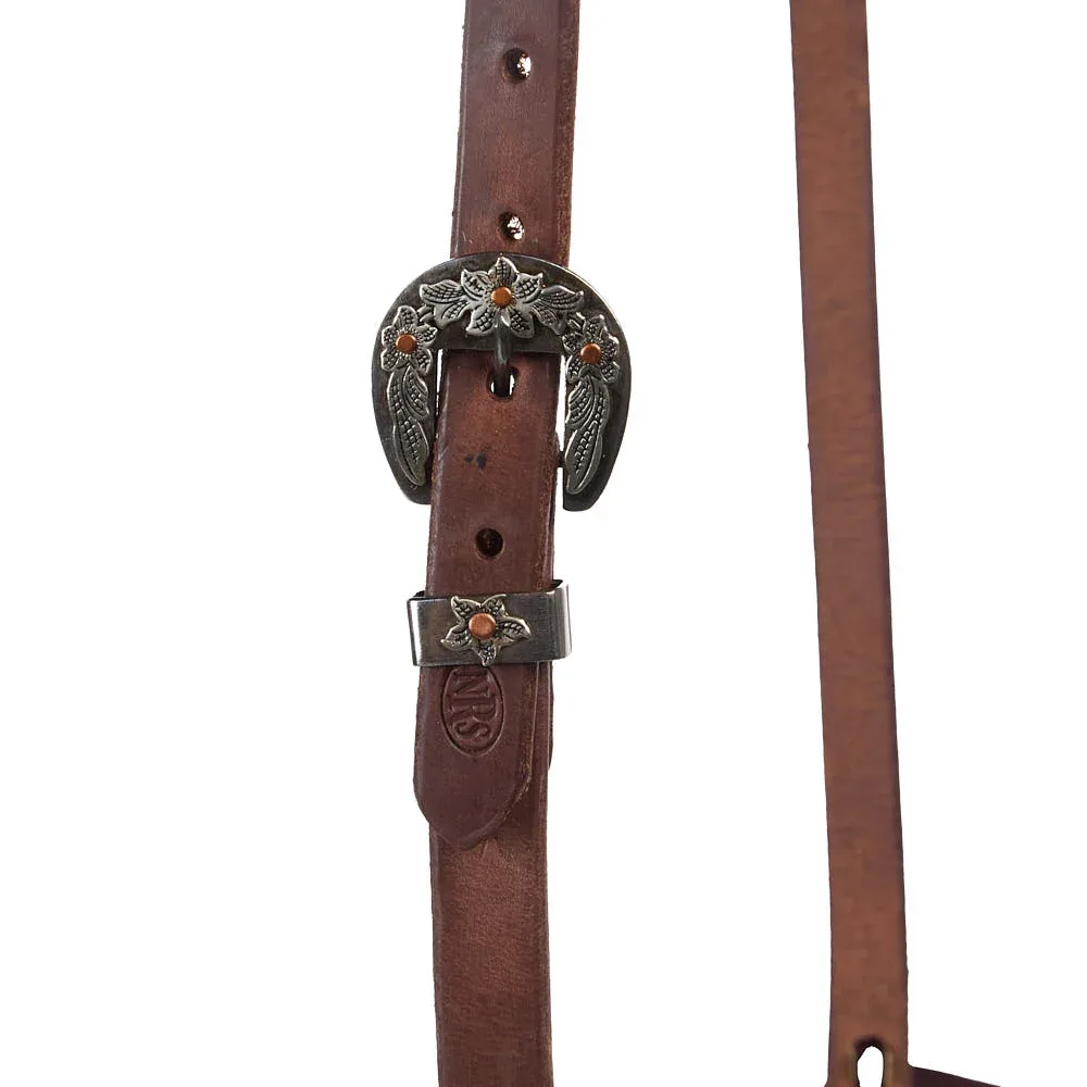 NRS Tack 3/4in Indian Tan Oiled Floral Heel Buckle Single Ear Headstall - Image 2