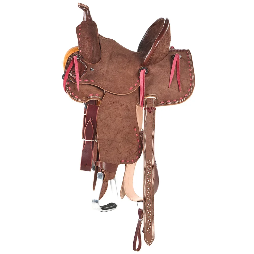 NRS Youth Roughout Pink Buckstitch Barrel Saddle - Image 2