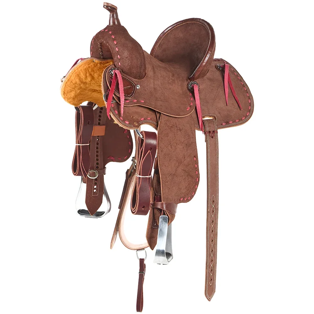 NRS Youth Roughout Pink Buckstitch Barrel Saddle