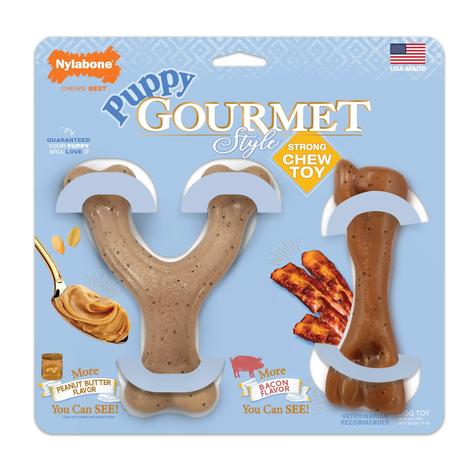 Nylabone Gourmet Style Puppy Chew Dog Toy Twin Pack Peanut Butter Bacon, Small/Regular up to 25 lb. 2 ct