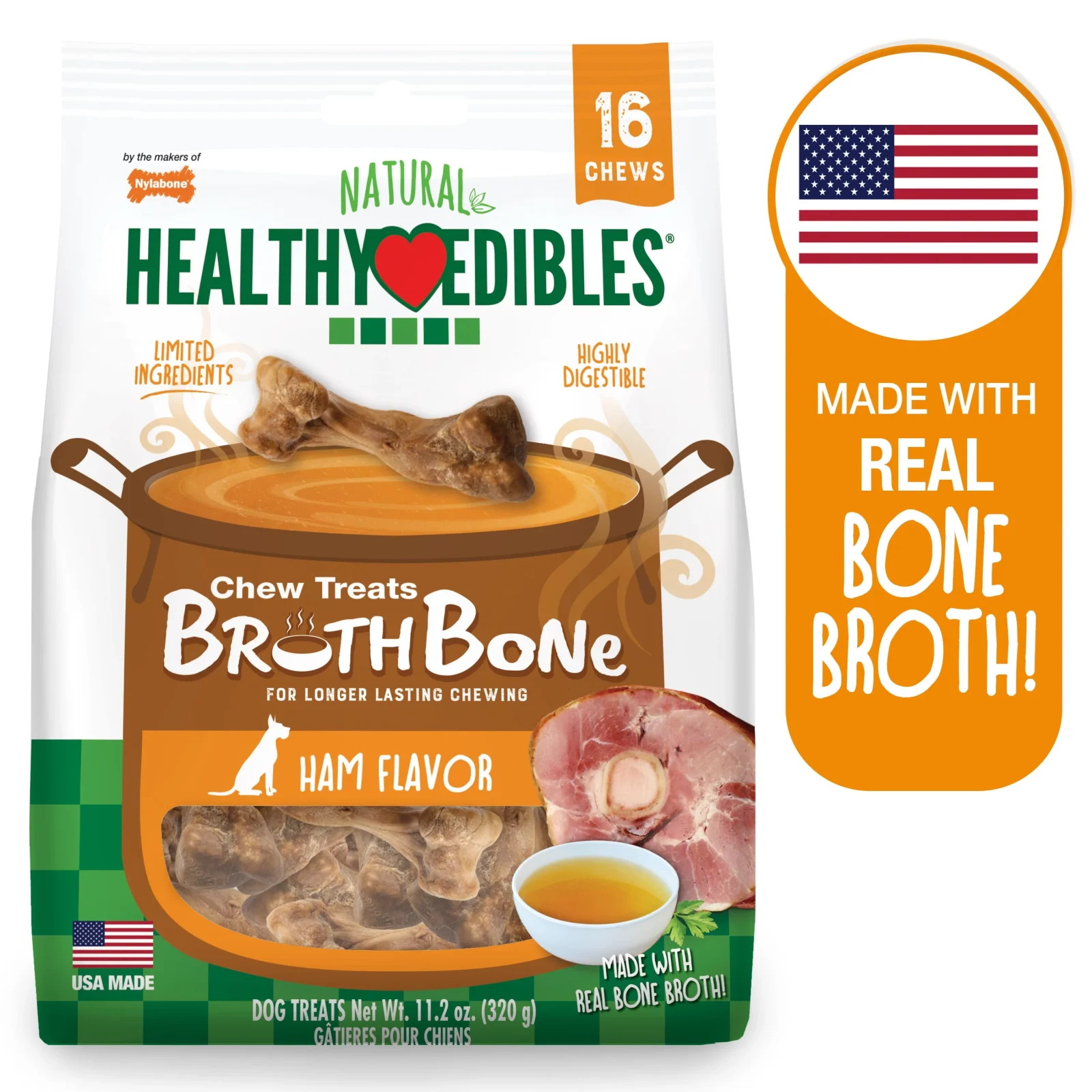 Nylabone Healthy Edibles Bone Broth Ham Small Pouch 16ct - Image 2