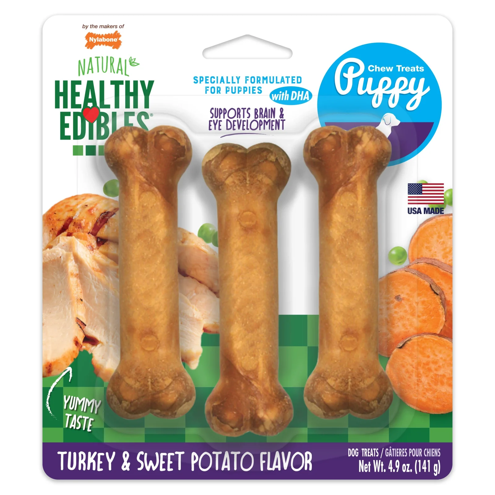 Nylabone Healthy Edibles Puppy Sweet Potato & Turkey Blister Card Regular 3ct