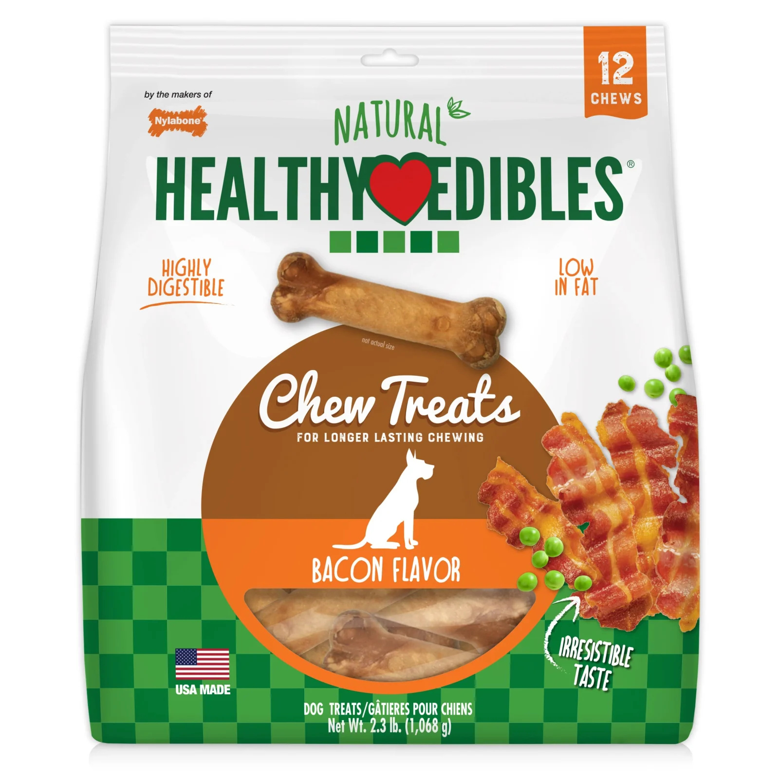 Nylabone Natural Healthy Edibles Dog Treat Bacon Flavor Wolf 12ct