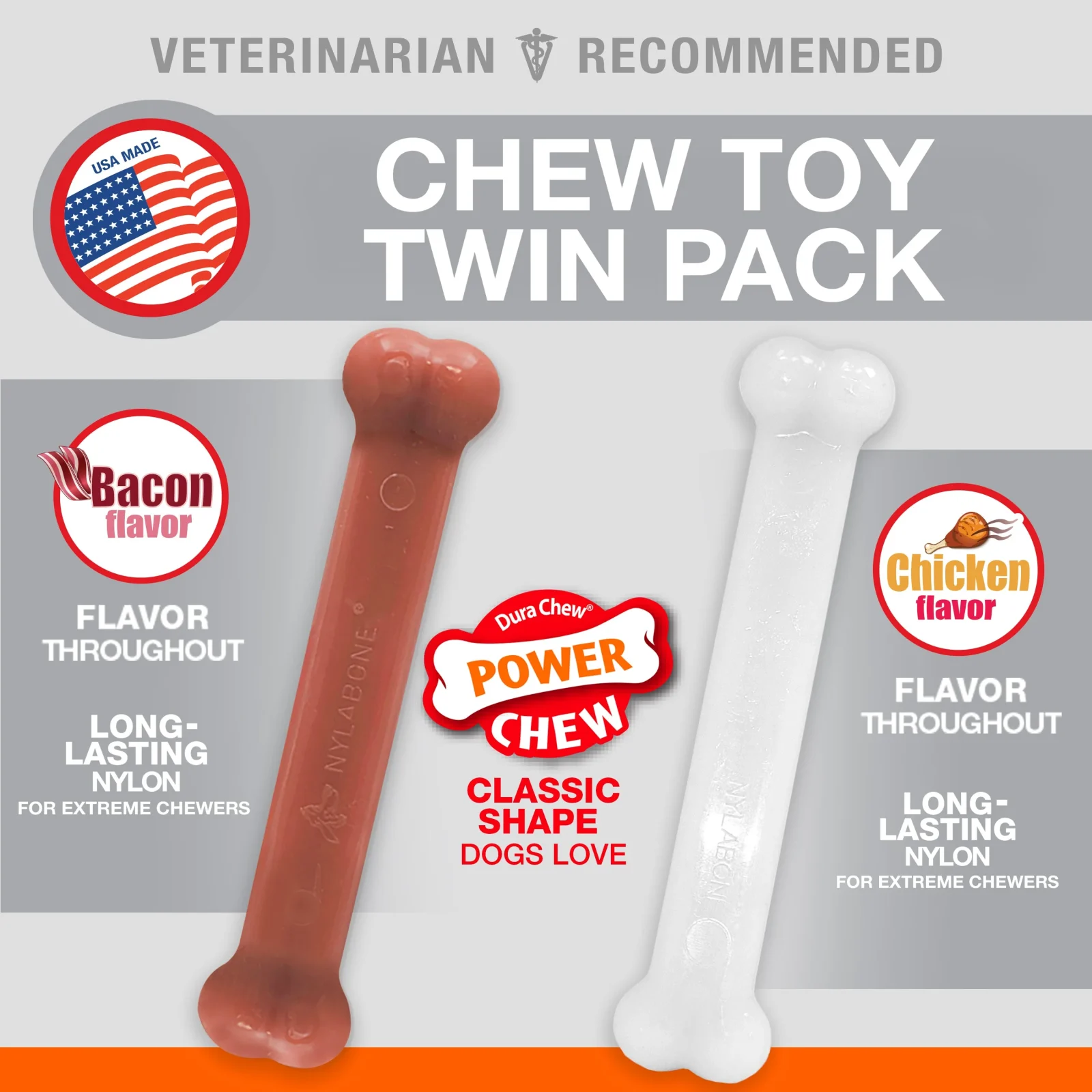 Nylabone Power Chew Bacon Chicken Durable Dog Chew Toy Pack Chicken Bacon, 1ea/Large/Giant Up To 50 Lbs. 2 ct - Image 2