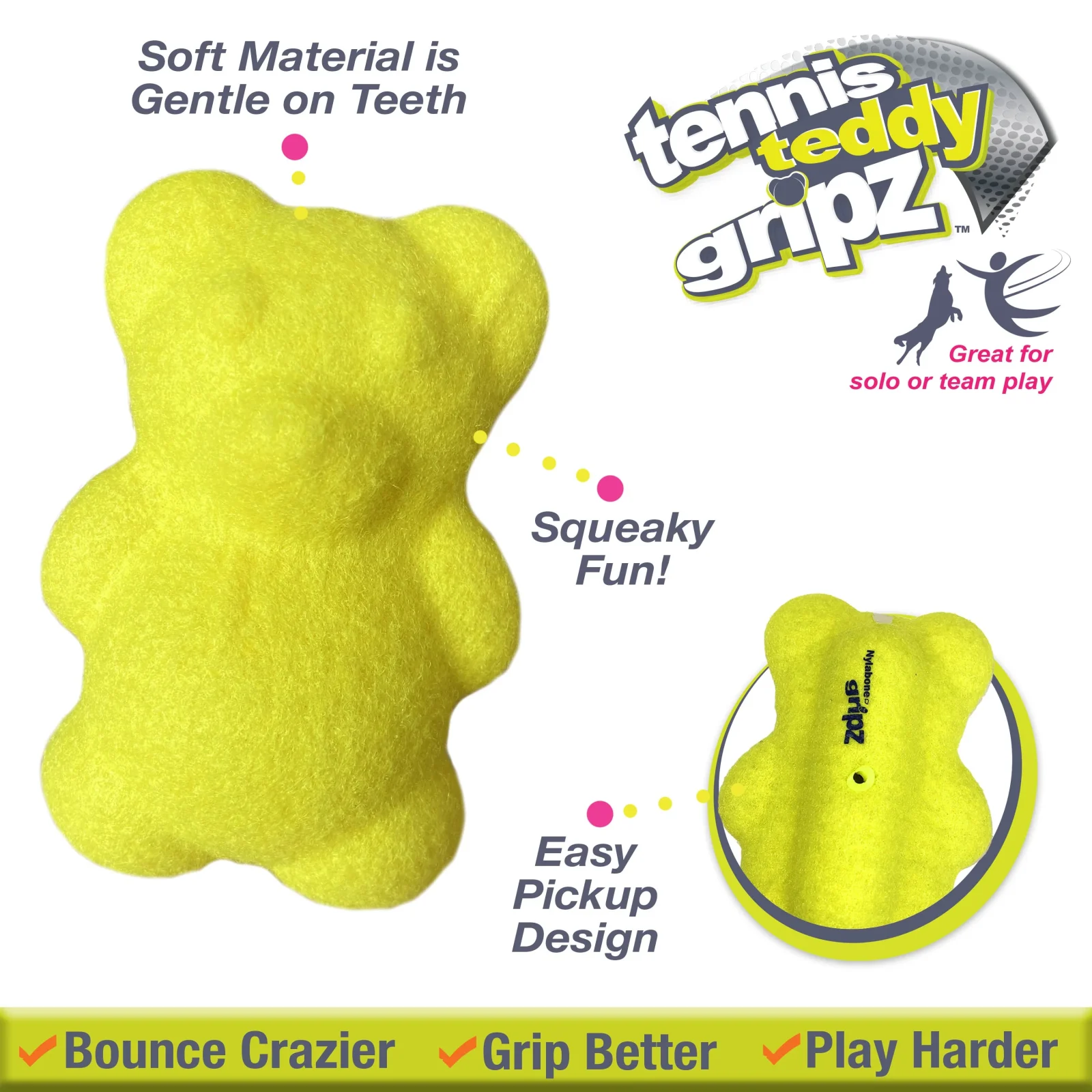 Nylabone Power Play Tennis Teddy Gripz Bear Dog Toy, Medium/Wolf, Up To 35 Lbs - Image 2