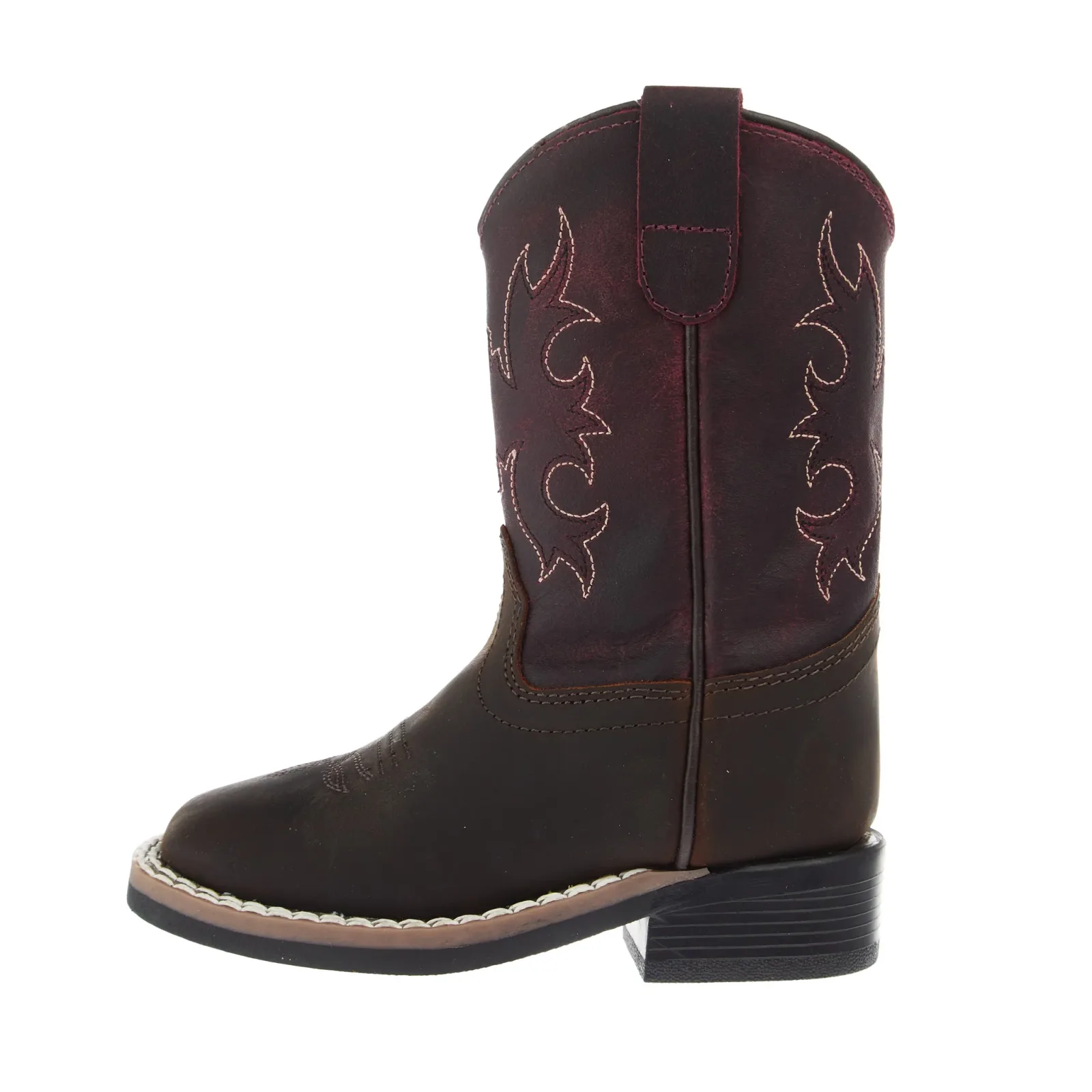 Old West Toddlers Brown Square Toe and Burgundy Shaft Boot - Image 2