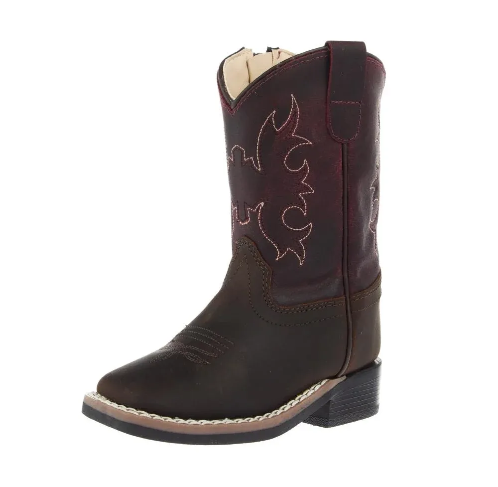 Old West Toddlers Brown Square Toe and Burgundy Shaft Boot