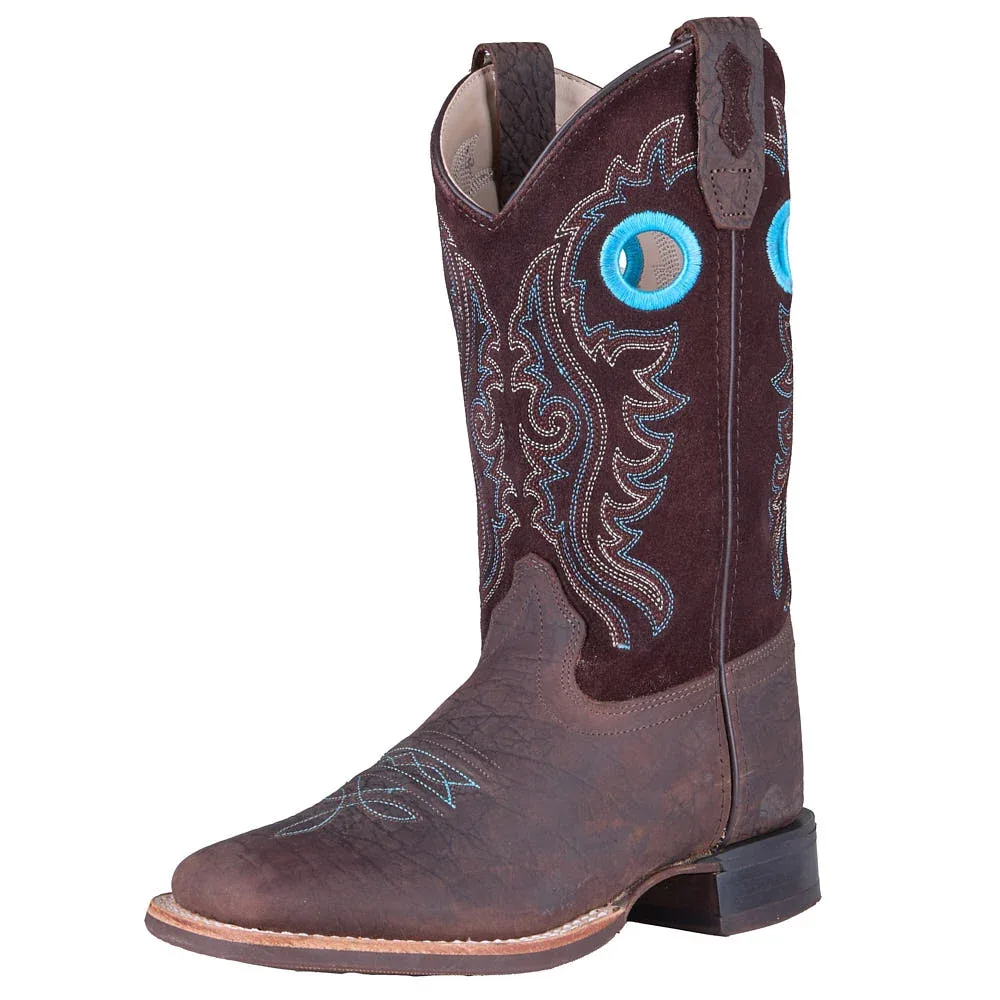 Old West Youth Brown Bull Hide Print Vamp Brown Suede Top
