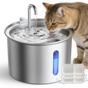 Oneisall 2 Liter Stainless Steel Cat Water Fountain W/ 3-Layer Filtration & Faucet Design