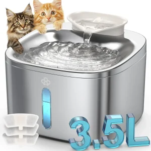 Oneisall 3.5 Liter Corded Stainless Steel Cat Water Fountain, Food Grade W/ 3-Layer Filtration