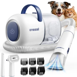 Oneisall 6-in-1 Dog Grooming Vacuum Kit W/ 1500PA Suction Power & Quiet Mode Setting, Blue