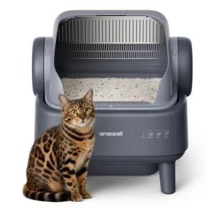 Oneisall Open-Top Self-Cleaning Cat Litter Box W/ Silicone Tracking Mat & 2x Rolls Waste Bags, Gray