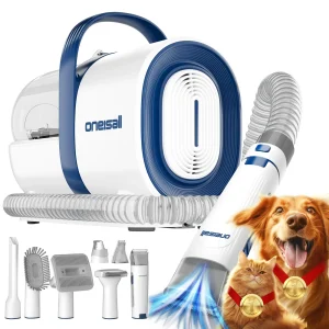 Oneisall Pet Grooming Vacuum Kit W/ Clipper & Nail Grinder, 7-in-1 Tools for Shedding Pet Hair,Blue