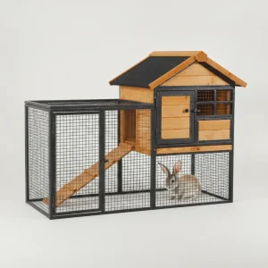 Outdoor Rabbit Cage Elevated Pet House w/ Slide-Out Tray, Natural Wood & Black