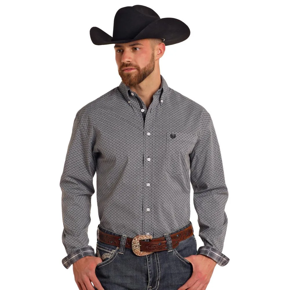 Panhandle Mens Black Diamond Geo Print Long Sleeve Snap Shirt