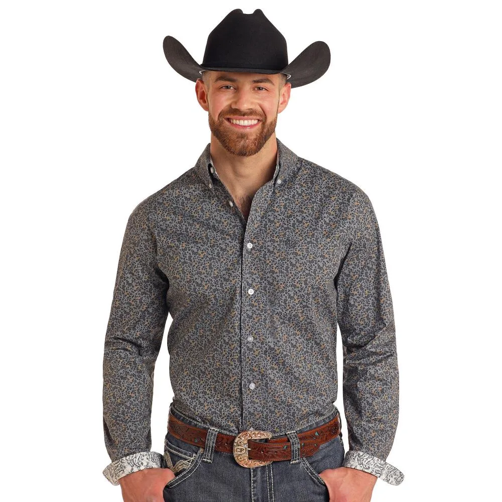 Panhandle Mens Charcoal Paisley Print Long Sleeve Button Down Shirt