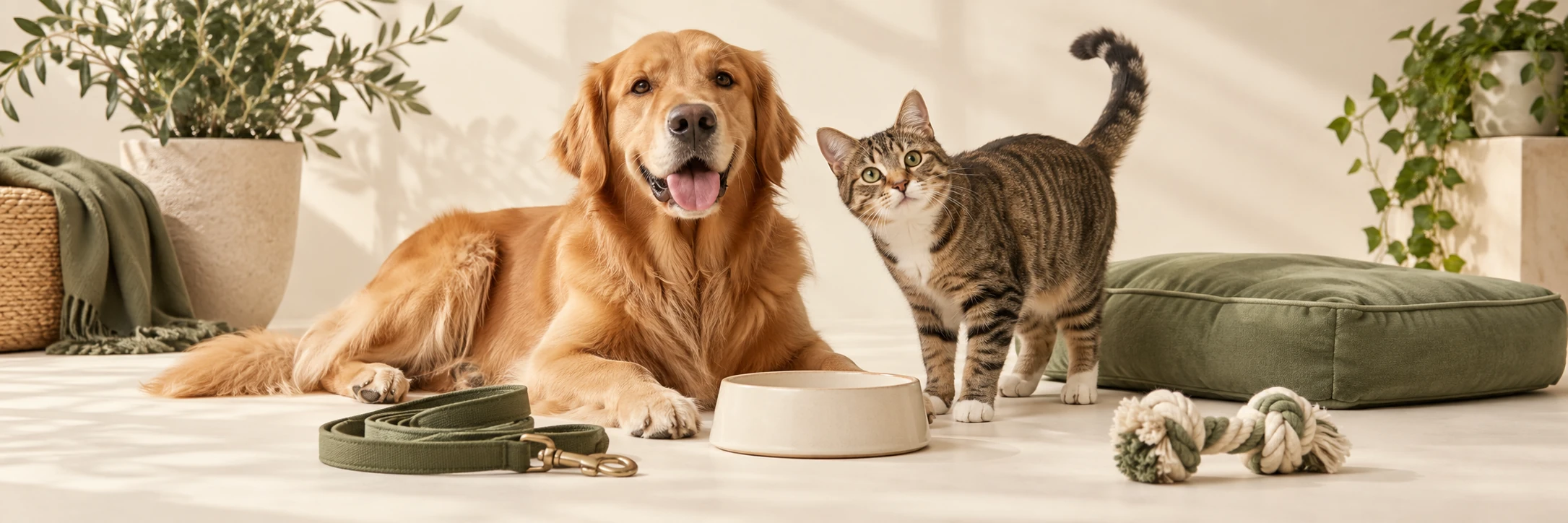 A golden retriever and tabby cat beside pet accessories in a warm cream setting.