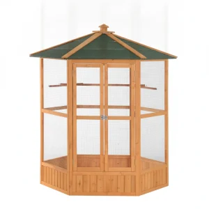 PawHut 69 Wooden Hexagonal Outdoor Aviary Flight Bird Cage With Covered Roof