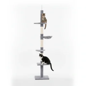 PawHut 9' Adjustable Height Floor-To-Ceiling Vertical Cat Tree - Grey And White
