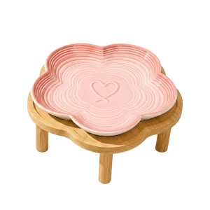 PawsPik Cat Flower Ceramic Feeding Plate with Raised Bamboo Stand