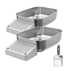 PawsPik Cat Stainless Steel Litter Box With Steps & Metal Scooper - 2-Pack