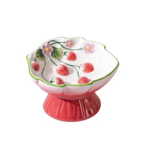 PawsPik Cat Strawberry Blooms Elevated Ceramic Slow Feed Bowl