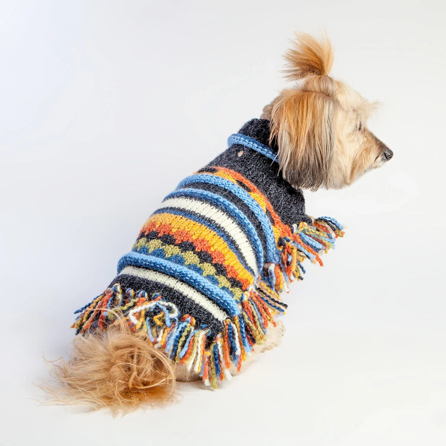PERUVIAN KNITS | Fringe Poncho Sweater in Blue Stripe - Image 2