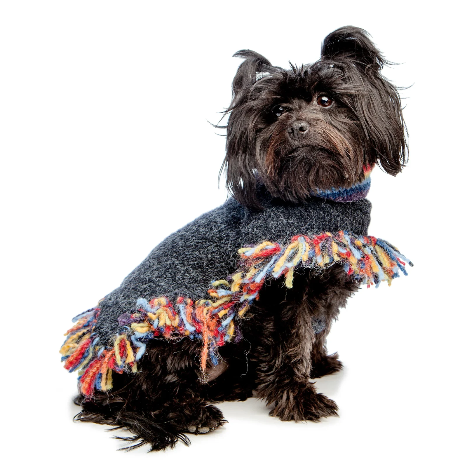 PERUVIAN KNITS | Grey & Rainbow Stripe Poncho - Image 2