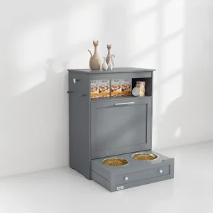 Pet Feeder Station Storage Cabinet, Dog Food Storage Container with Dog Raised Bowls, Watering Supplies, Gray