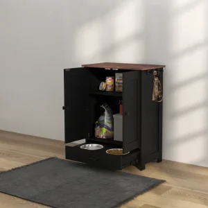 Pet Feeding Station, Dog Food Storage Cabinet w/ Raised Dog Bowls, Adjustable Panel, Hooks for Medium Dogs,