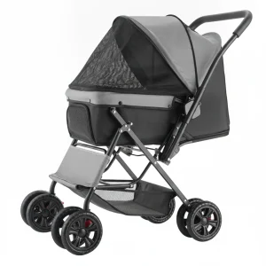 Pet Stroller Foldable 4 Wheels Travel Dog Stroller Reversible Handle Up To 44lbs