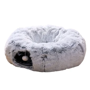 PetPals Cat Tunnel Bed W/ Central Soft Bed & Dangling Balls,Collapsible Shag Fur Pet Hideaway