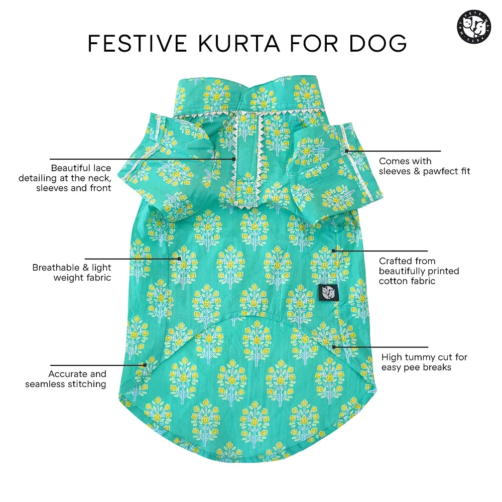 Pets Way Sanganeri Printed Kurta for Dogs (Teal) - Image 2