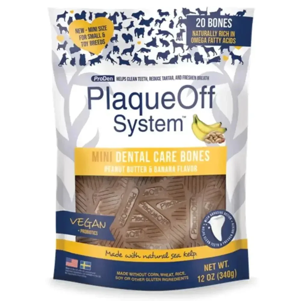 PlaqueOff MINI Dental Care Bones Peanut Butter & Banana Dog Chews
