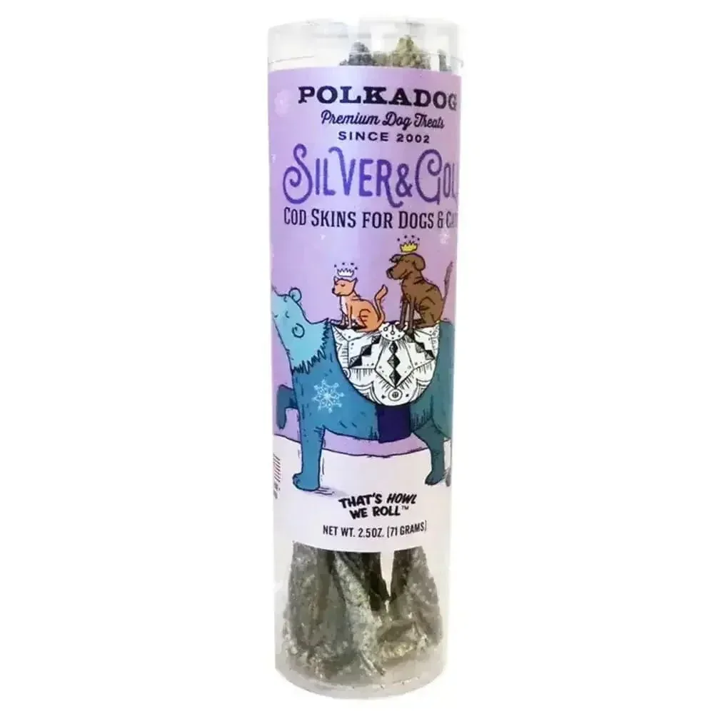 Polka Dog Holiday Tube Silver Gold Cod Skin Cat Dog Treats 2.5oz