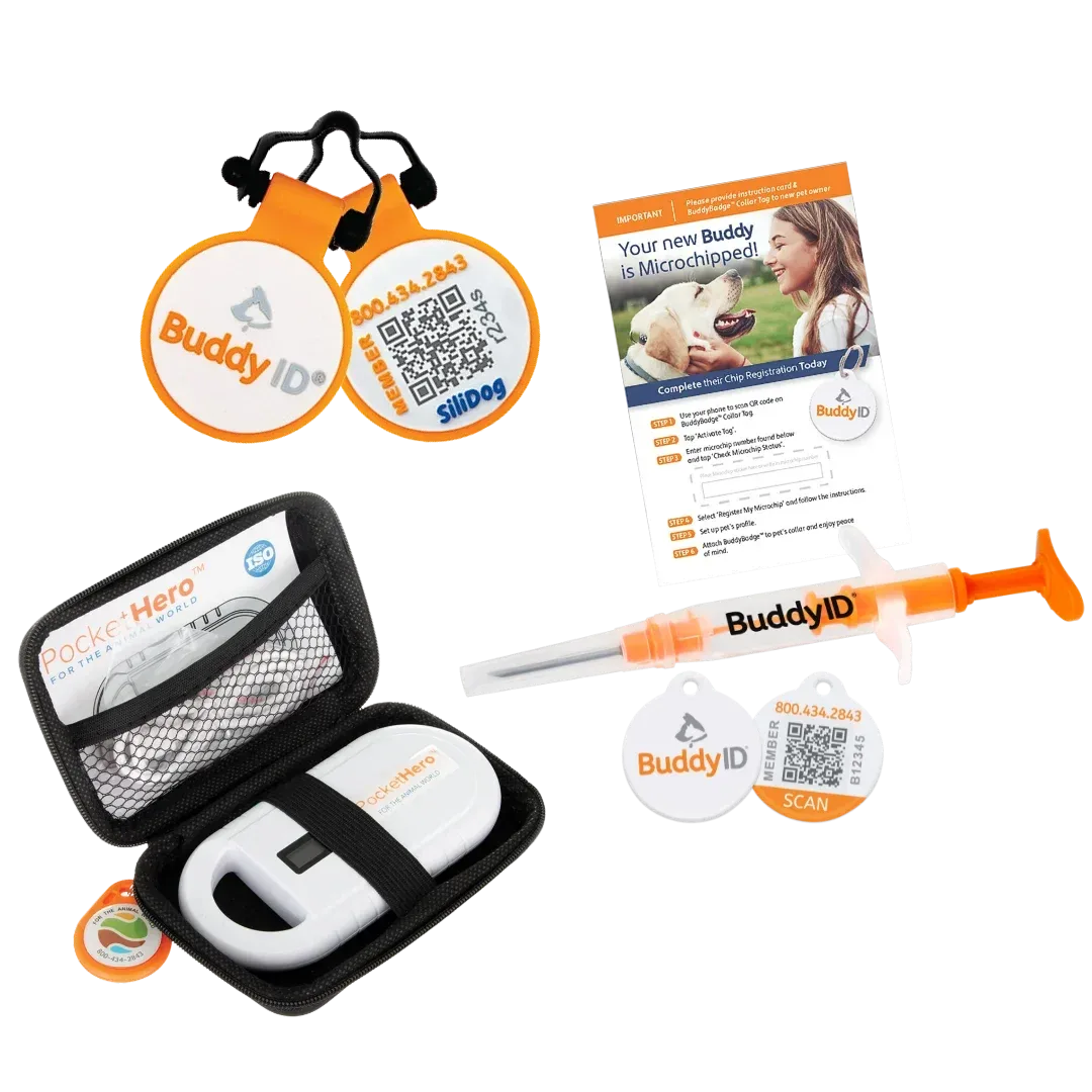 Complete Bundle: Microchip Complete Protection System with Pocket Hero Reader and Silent Collar Tag by BuddyID