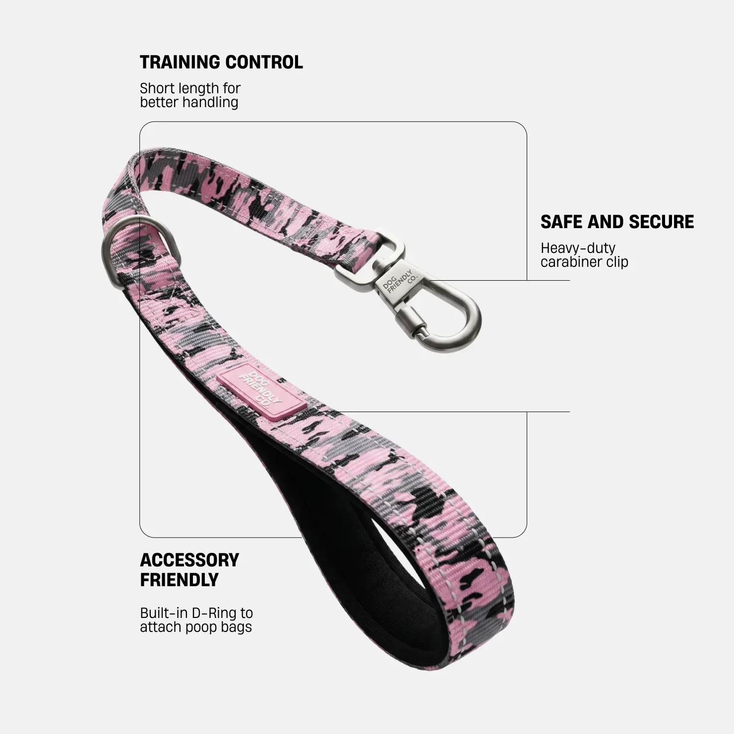 Short Trainer Dog Leash - Pink Camo - Image 2