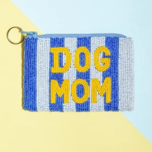Dog Mom Beaded Coin Purse in Blue & White Stripe