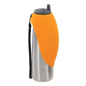 Messy Mutts Dog Double Stainless Travel Water Bottle Silicone Flip Bowl, 20 oz 600 mL Orange