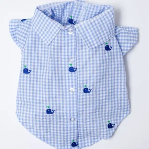 Seersucker Gingham Dog Shirt with Embroidered Whales (FINAL SALE)