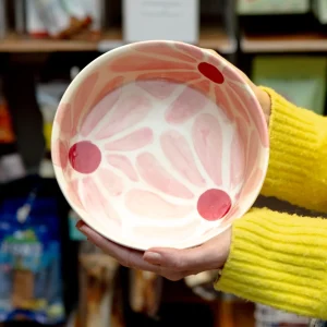 Handmade Ceramic Dog Bowl in Pink & Red Retro Flower (Made in the USA)
