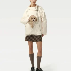 Unisex Asymmetric Puffer Jacket with Built-In Kangaroo Dog Pouch Carrier