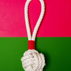 Monkey Fist Rope Dog Toy in White with Red Whipping (Made in the USA)