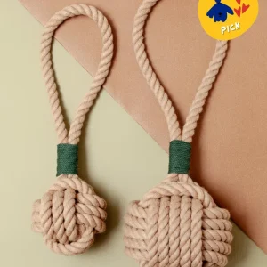 Monkey Fist Rope Dog Toy in Tan with Forest Green Whipping (Made in the USA)