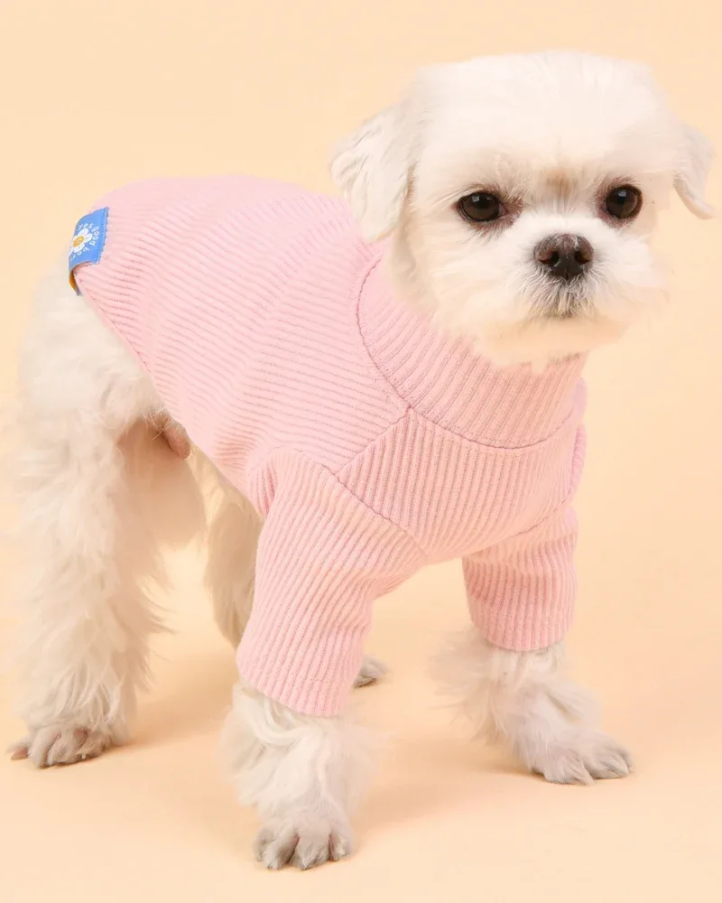 Ribbed Dog Turtleneck Tee In Pink((FINAL SALE))