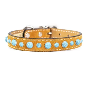Cabachon Turquoise Dog Collar in Tan Suede (Made in the USA)
