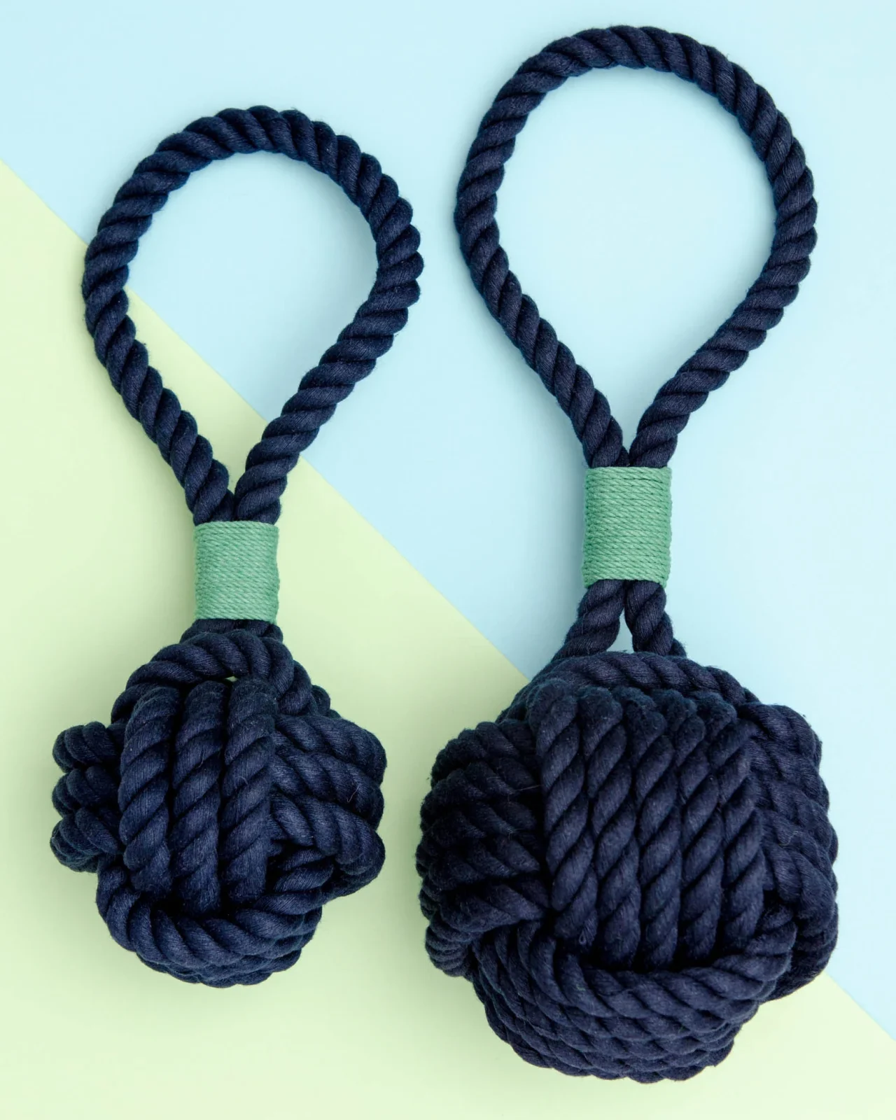Monkey Fist Rope Dog Toy in Navy with Green Whipping (Made in the USA) - Image 2