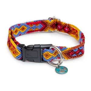 Handmade Boho Dog Collar in Tulum Sunset (Red/Brown/Yellow)
