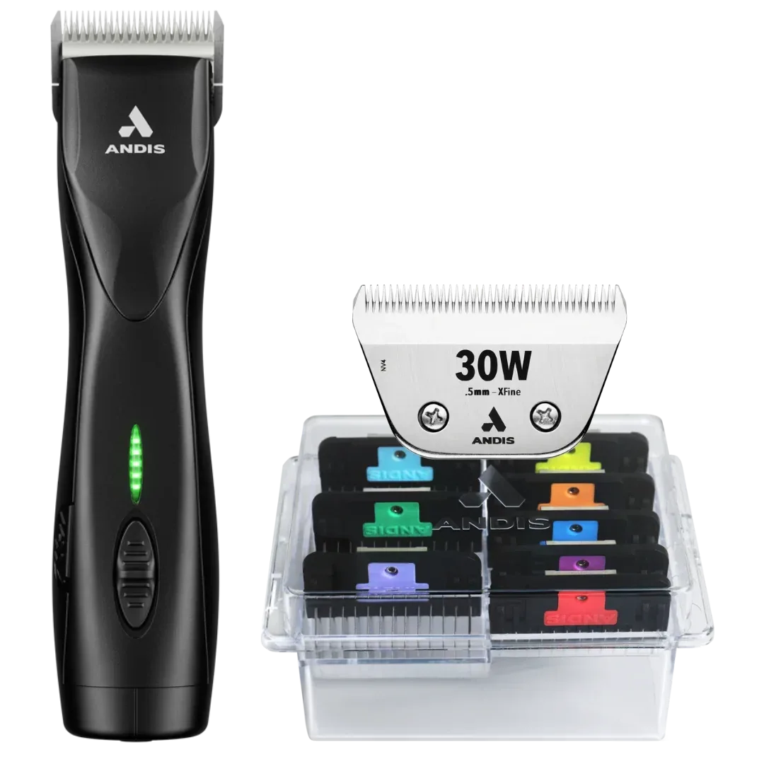 Pulse ZR II Black Clipper with #30W Blade and 8Pc Wide Comb Attachment Bundle by Andis